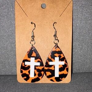 Leopard Print Teardrop Earrings with Cross